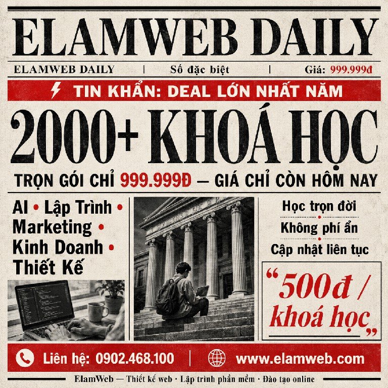 Kho khóa học lập trình web và phần mềm giá tốt 13 Mở khóa kho khóa học Lập trình Web và Phần mềm giá tốt. Đầy đủ source code thực hành. Khám phá ngay! Cung cấp khoá học online giá rẻ